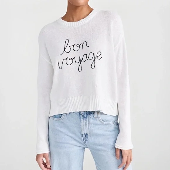 Workshop Republic Clothing Women Sz S ‘Bon Voyage’ White Cotton Knit Sweater New - Picture 1 of 16